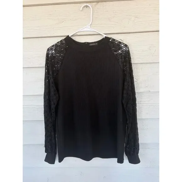 MiHOLL Black Waffle Knit Top with Lace Sheer Sleeves Size Large - Picture 2 of 6